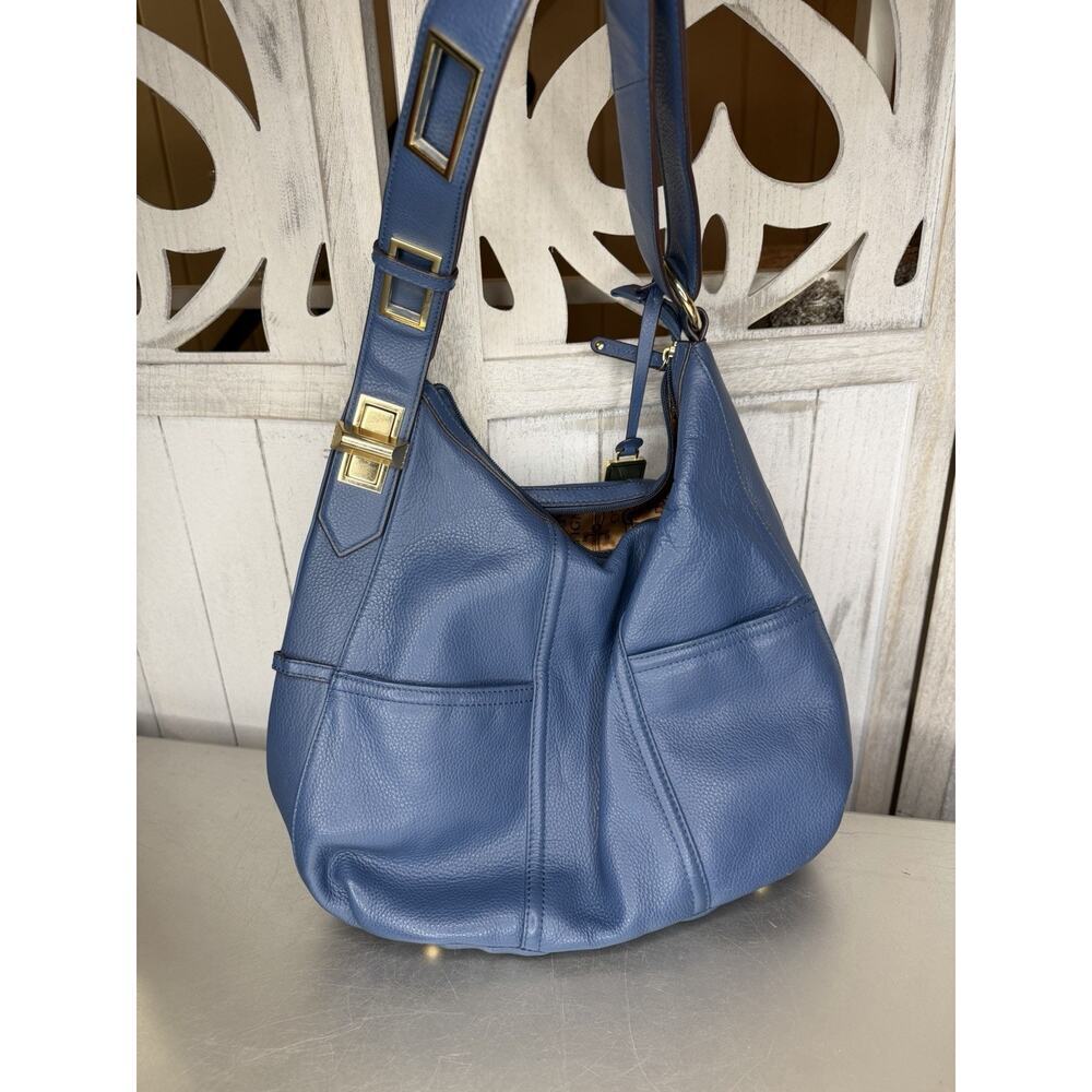 Tignanello Blue Leather Hobo Shoulder Bag Gold Buckle Strap Boho Sling